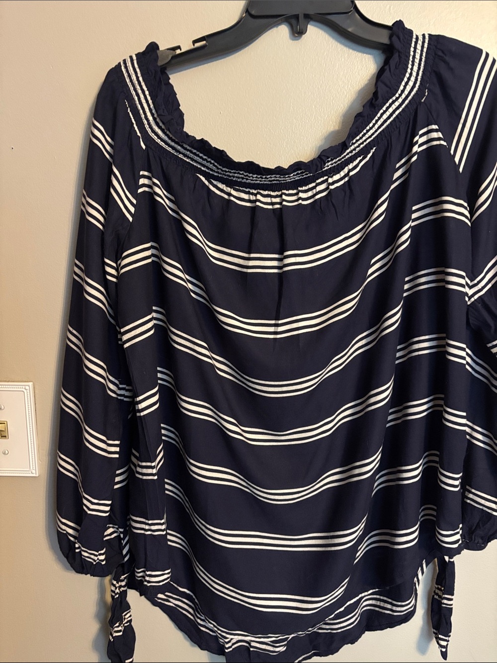 beachlunchlounge Navy and White Striped Off-Shoulder Top